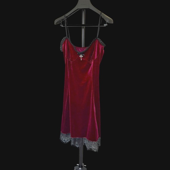 American Vintage Dresses & Skirts - Y2K Burgundy Velvet Cross Lace Mini Dress Gothic Dark Romantic XL Whimsigoth